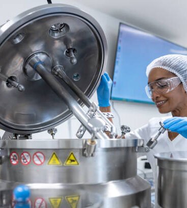 download (5) Multiracial group of female workers, pharmacists and researchers in biochemical pharmaceutical production during pharmaceutical manufacturing. A worker pours liquid into a homogenizer for the production of creams. The workers are in white protective suits, wear protective gloves, protective glasses and protective caps.