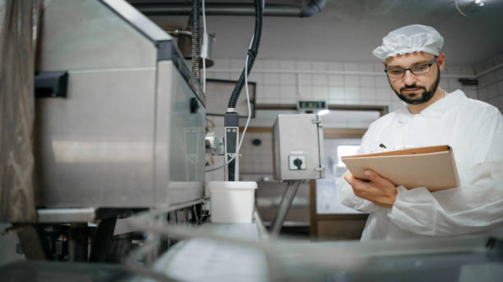 Technologist expert in protective uniform with hairnet and mask taking parameters from industrial machine in